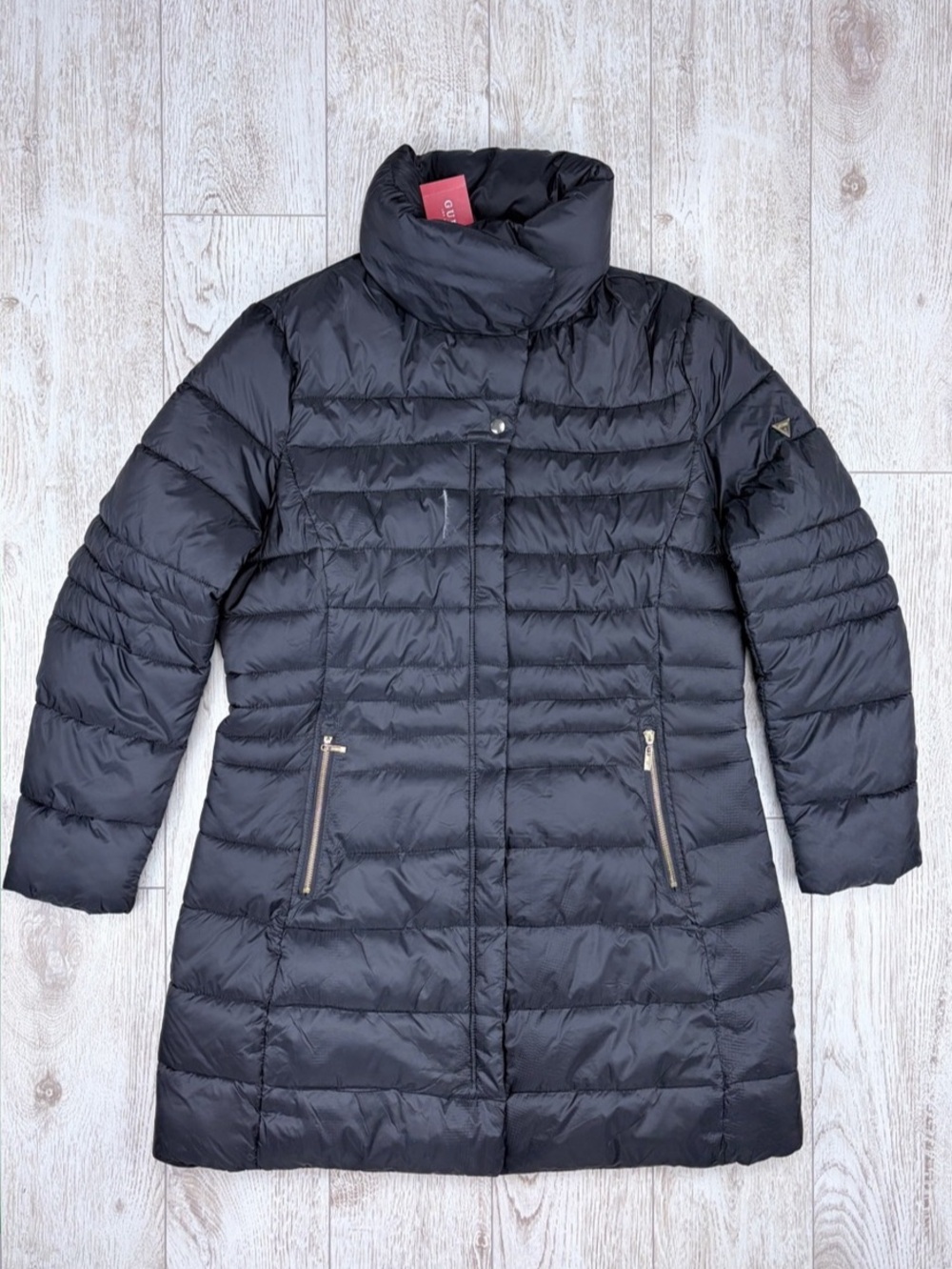 GUESS Size XL Black Longline Packable Puffer Coat Stand Collar